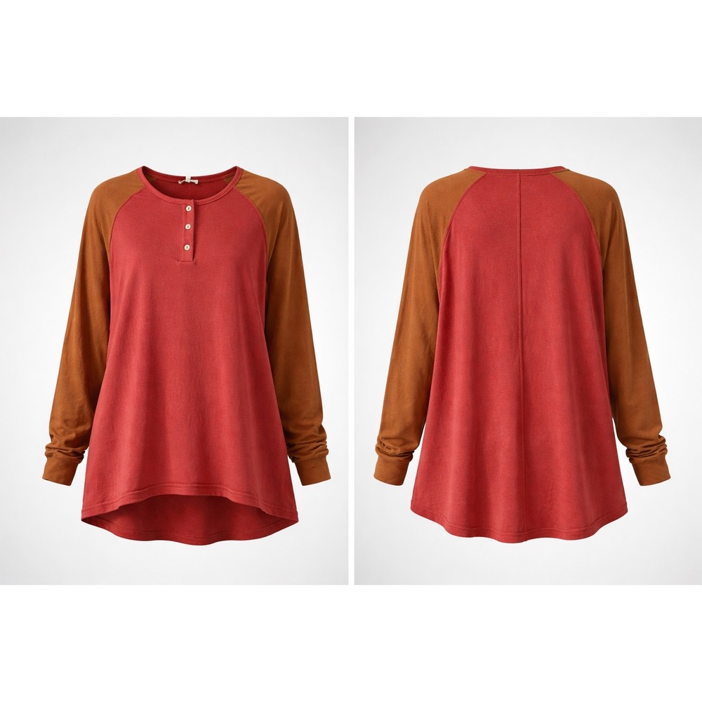 Easel Los Angeles Henley Top Womens‎ Medium Rust Red Colorblock High Low Raglan